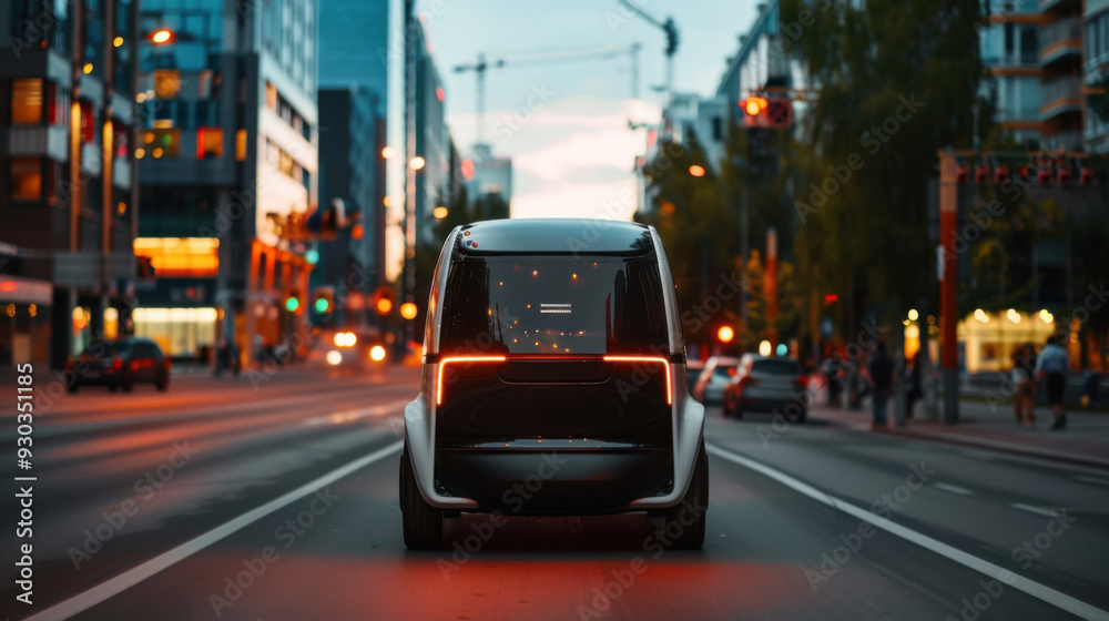 A modern autonomous vehicle drives through a bustling city street at dusk, highlighting urban innovation and transportation technology. A modern autonomous vehicle drives through a bustling city street at dusk, highlighting urban innovation and transportation technology.