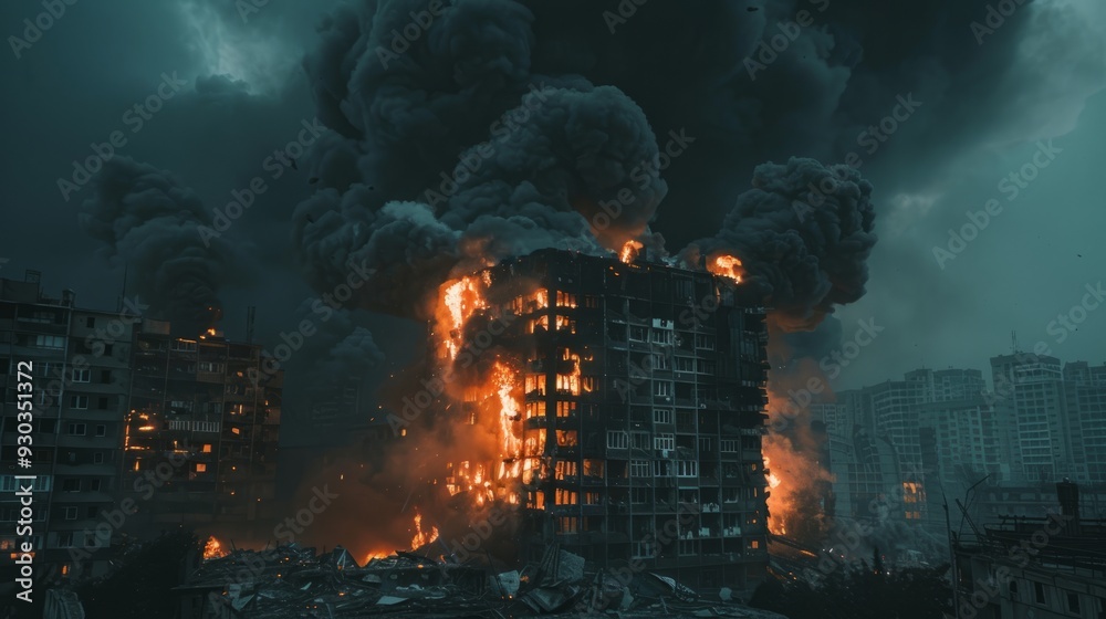 Obraz premium Fire engulfs apartment building during intense night of destruction in urban setting