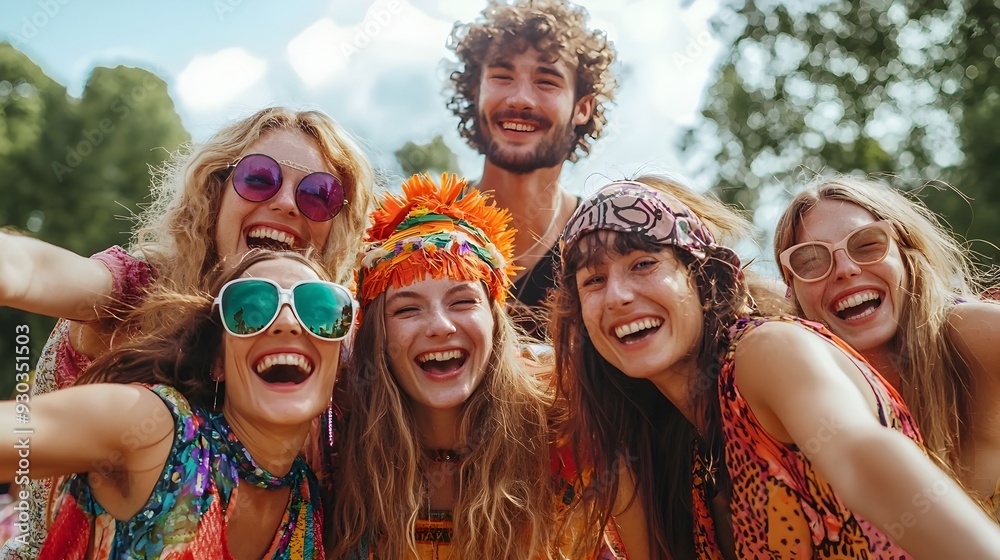 Joyful Friends Celebrating at Vibrant Festival with Colorful Outfits and Wide Smiles Joyful Friends Celebrating at Vibrant Festival with Colorful Outfits and Wide Smiles