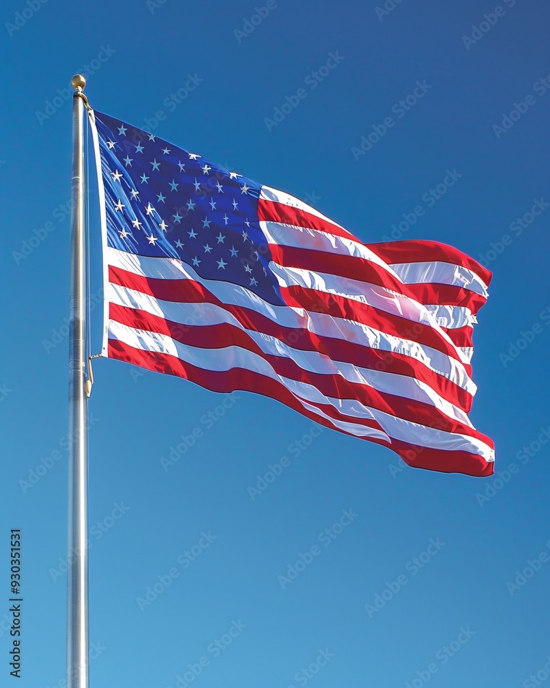 Waving flag of USA on blue sky background Waving flag of USA on blue sky background
