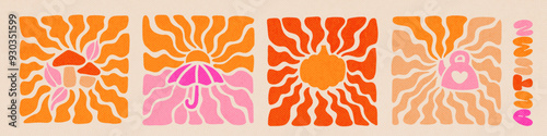 Set of fall season elements with wavy sun rays backgrounds in warm retro autumn colors. Groovy hippie backdrop. Retro 60s 70s psychedelic wavy design. Vector collection of wallpaper templates.