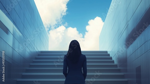 businesswoman, seen from behind, ascends a grand staircase under a clear blue sky. The sun shines brightly ahead, symbolizing ambition, success, and future goals.