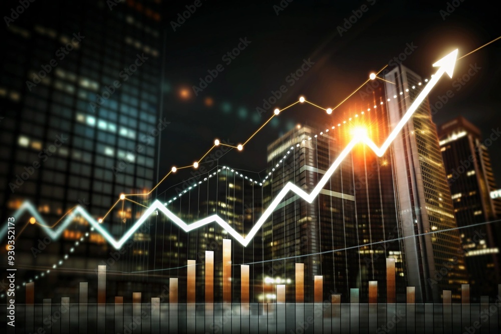 Cityscape Growth: A vibrant cityscape backdrop with a dynamic stock market graph soaring upwards, representing financial success and upward trajectory. Cityscape Growth: A vibrant cityscape backdrop with a dynamic stock market graph soaring upwards, representing financial success and upward trajectory.