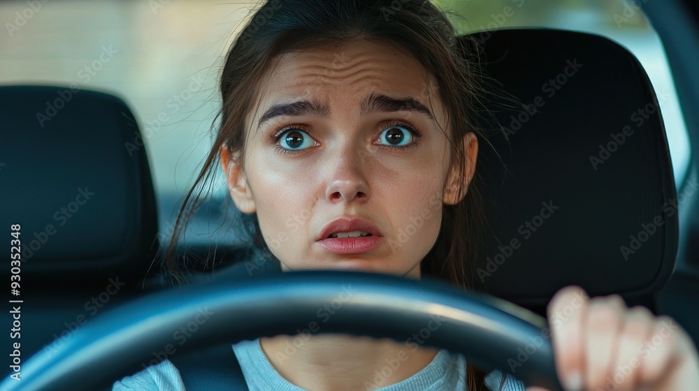 Nervous lady driver with worried expression afraid to drive car by herself for first time or having car accident on road Nervous lady driver with worried expression afraid to drive car by herself for first time or having car accident on road