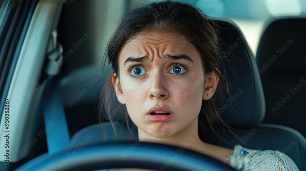 Nervous lady driver with worried expression afraid to drive car by herself for first time or having car accident on road Nervous lady driver with worried expression afraid to drive car by herself for first time or having car accident on road