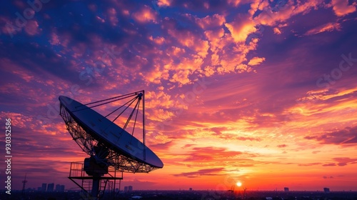 Satellite Dish Silhouetted Against Vibrant Sunset Sky