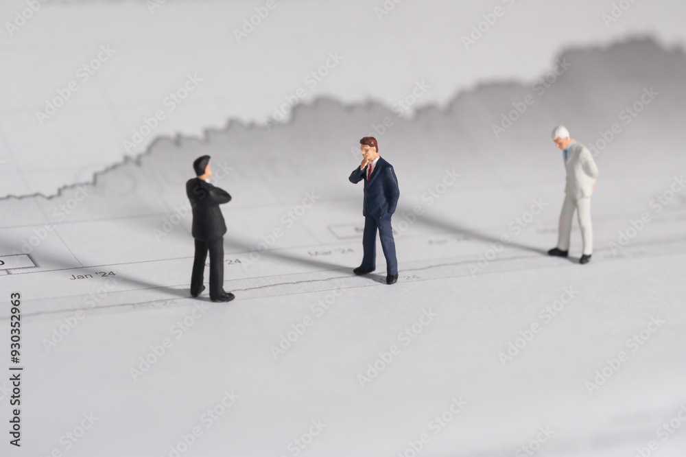 Financial investors look at a stock chart, miniature figures scene Financial investors look at a stock chart, miniature figures scene