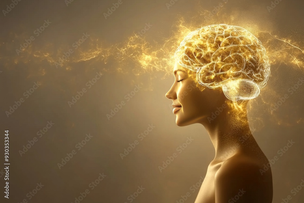 A side profile of a woman with a glowing golden brain symbolizing creativity intelligence and the radiant power of innovative thinking set against a warm golden background A side profile of a woman with a glowing golden brain symbolizing creativity intelligence and the radiant power of innovative thinking set against a warm golden background