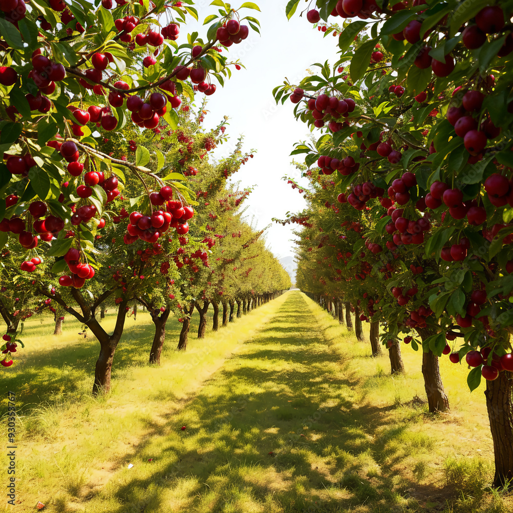 Fototapeta premium Cherries Growing in Sunlit Orchard Rows