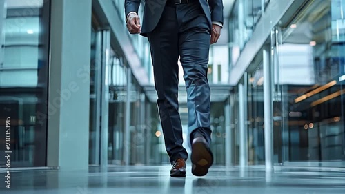 Focused Determination: A businessman in a sharp suit walks confidently through a modern office building, his stride and purposeful gaze reflecting ambition and drive.  