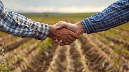 Two hands shaking in a field, symbolizing partnership and collaboration in agriculture.