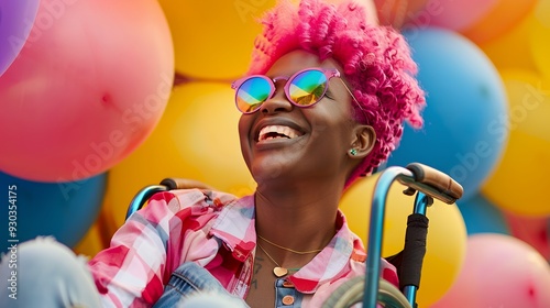 A joyful person with pink hair and sunglasses, surrounded by colorful balloons.