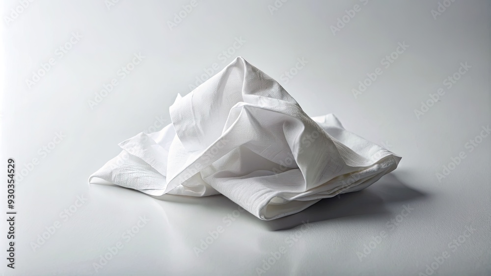 A crumpled white napkin lies isolated on a clean, bright, and minimalist background, forming a simple yet elegant composition. A crumpled white napkin lies isolated on a clean, bright, and minimalist background, forming a simple yet elegant composition.