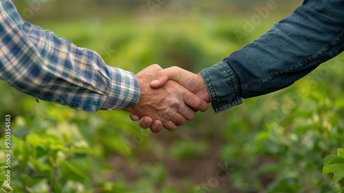 Two hands shaking in a green field, symbolizing agreement or partnership in agriculture.