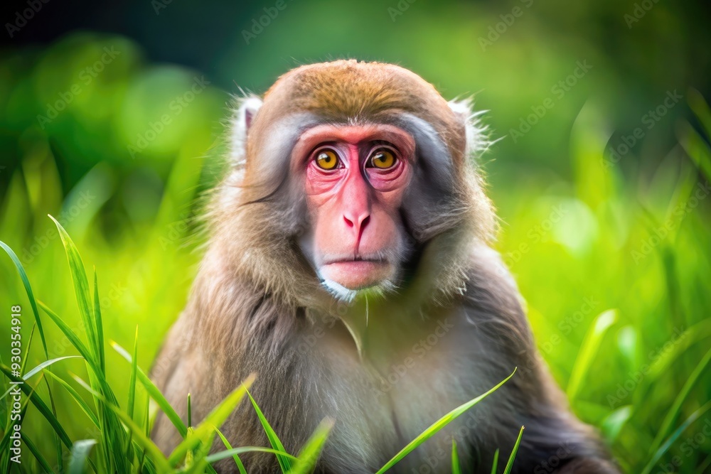 Obraz premium A curious Japanese macaque primate vertebrate mammal with bright eyes and fur, sits peacefully amidst lush green grass, enjoying its natural habitat surroundings.
