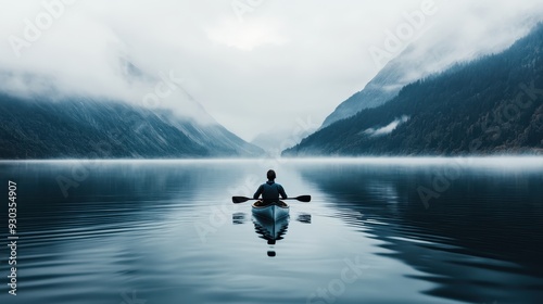 An evocative image showing a lone kayaker paddling through calm waters, surrounded by mist-covered mountains, highlighting a sense of adventure, peace, and natural beauty.