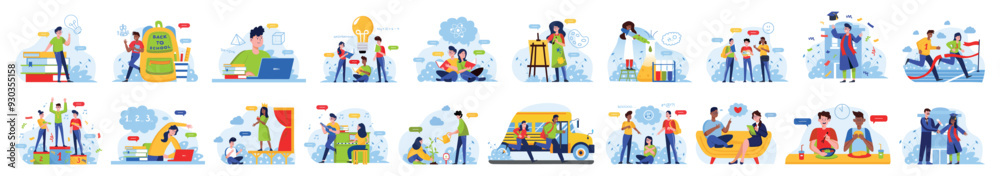 Bundle of back to school concepts with people scene in flat cartoon design. A large selection of colorful images with boys and girls in different school situation. Vector illustration. Bundle of back to school concepts with people scene in flat cartoon design. A large selection of colorful images with boys and girls in different school situation. Vector illustration.