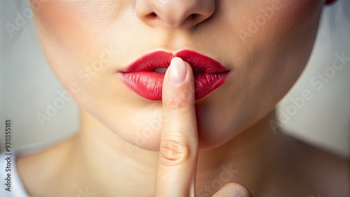 A delicate finger pressed against pursed lips, conveying a quiet gesture of secrecy and silence in a soft, natural light with shallow depth of field. photo