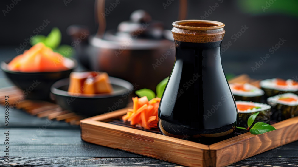 Close-up of a soy sauce bottle with sushi and pickled vegetables on a wooden tray, representing Japanese cuisine. Close-up of a soy sauce bottle with sushi and pickled vegetables on a wooden tray, representing Japanese cuisine.