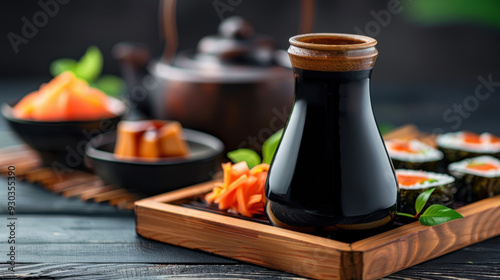 Close-up of a soy sauce bottle with sushi and pickled vegetables on a wooden tray, representing Japanese cuisine.