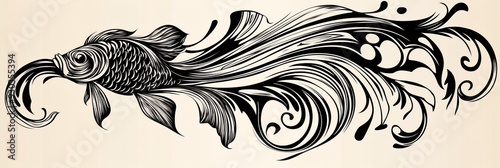 Decorative Art Nouveau image of a playful black and white fish with the text Fishy Wishy photo