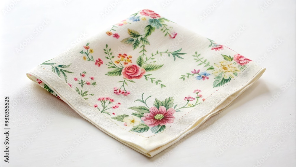 A delicate, intricately illustrated handkerchief with a floral pattern and subtle texture, presented in a minimalist composition on a soft, creamy white background. A delicate, intricately illustrated handkerchief with a floral pattern and subtle texture, presented in a minimalist composition on a soft, creamy white background.