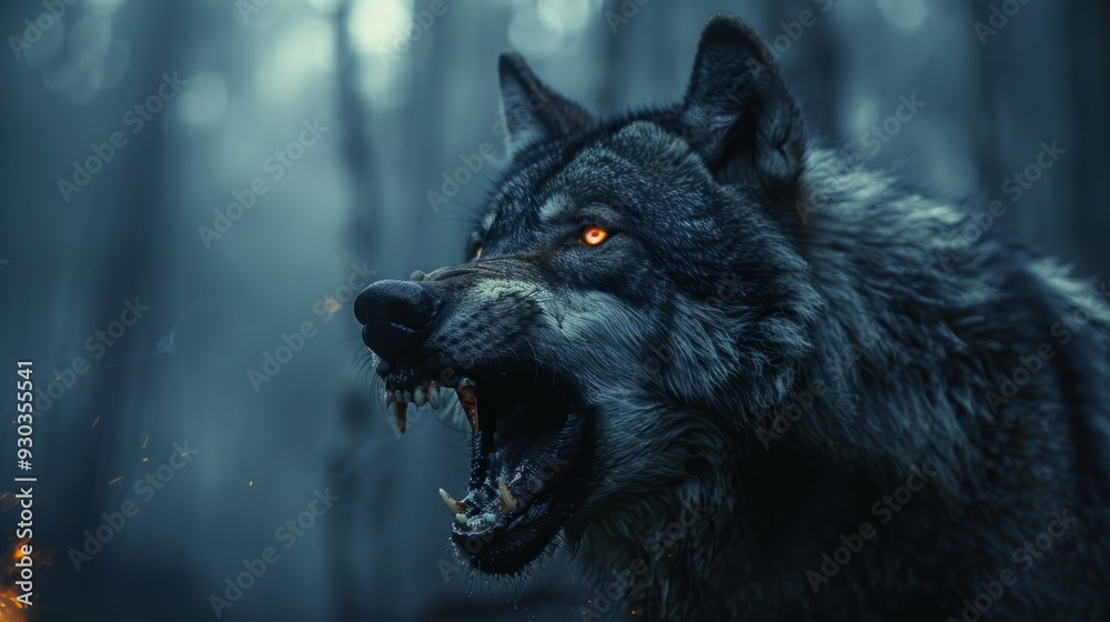 A fierce wolf howls in the dark forest during twilight hours A fierce wolf howls in the dark forest during twilight hours
