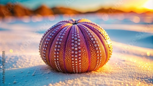 A delicate, intricately patterned urchin shell lies isolated on a pristine white sandy beach, its vibrant purple and orange hues glistening in soft sunlight. photo