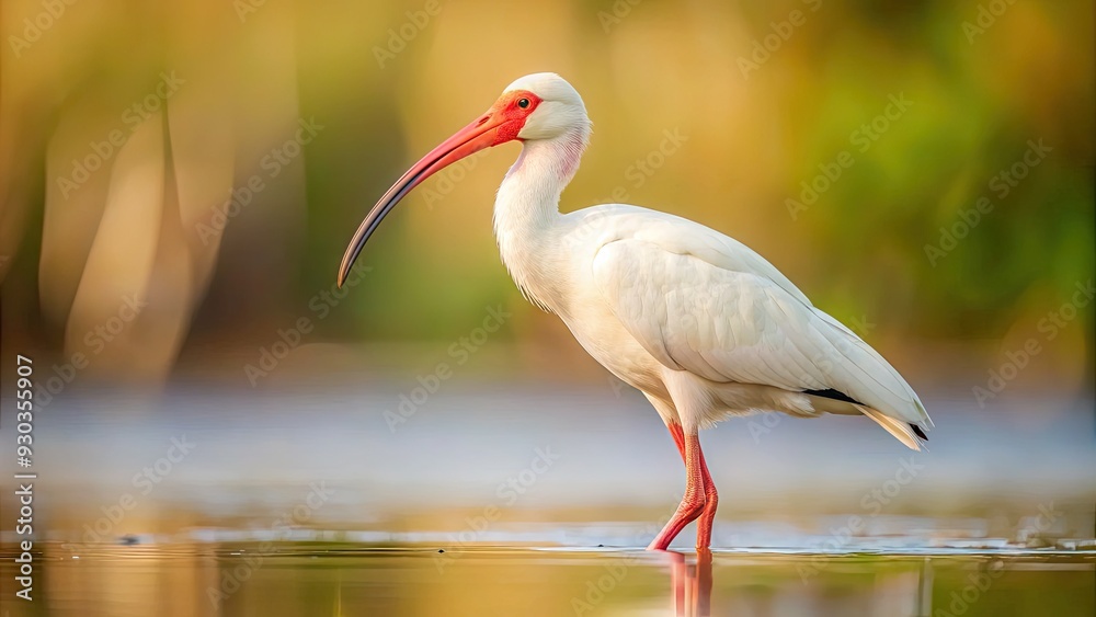 Obraz premium A delicate white ibis bird with curved beak and slender legs stands alone on a soft, creamy background, exuding elegance and serenity.