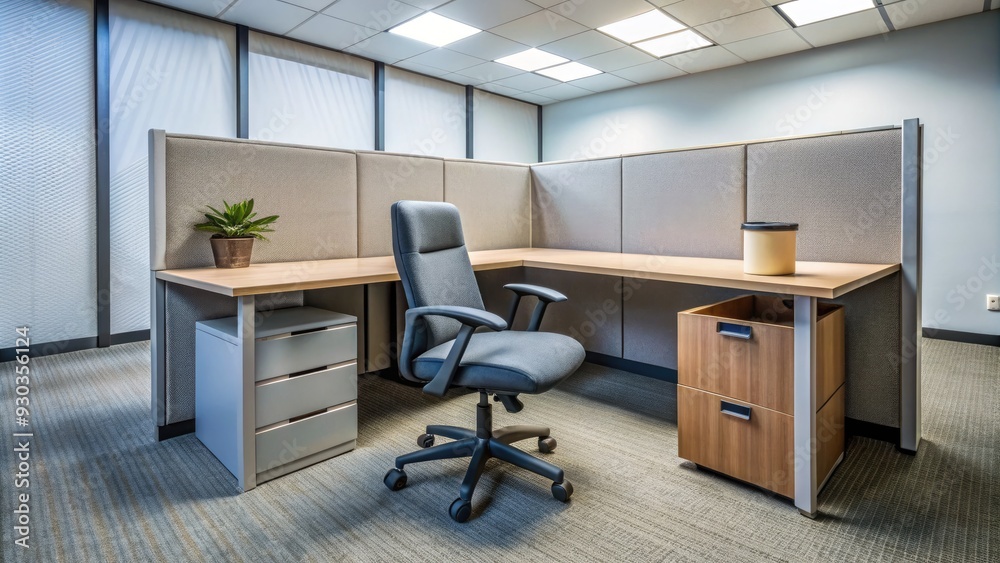 Fototapeta premium A deserted office cubicle with a vacant chair, empty desk, and a few remaining personal items, conveying a sense of abandonment and lost employment.