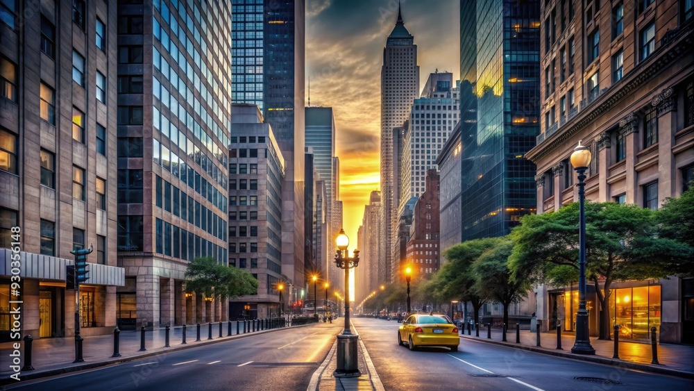 Fototapeta premium A deserted NYC street scene at dawn, with a solitary taxi cab parked beside a row of towering skyscrapers and empty sidewalks lined with lampposts.