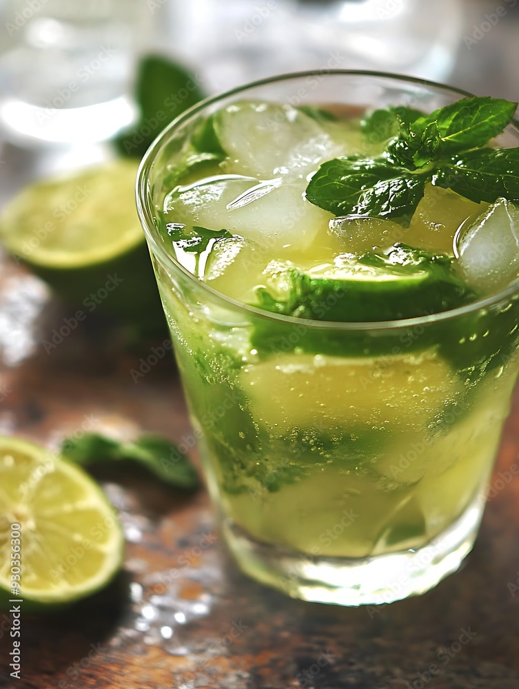 there is a glass of mojita with lime and mint leaves there is a glass of mojita with lime and mint leaves