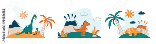 Set of dinosaur illustrations. Dinosaur landscapes. Flat style pictures for kids. Green and orange shades. Vector illustration.
