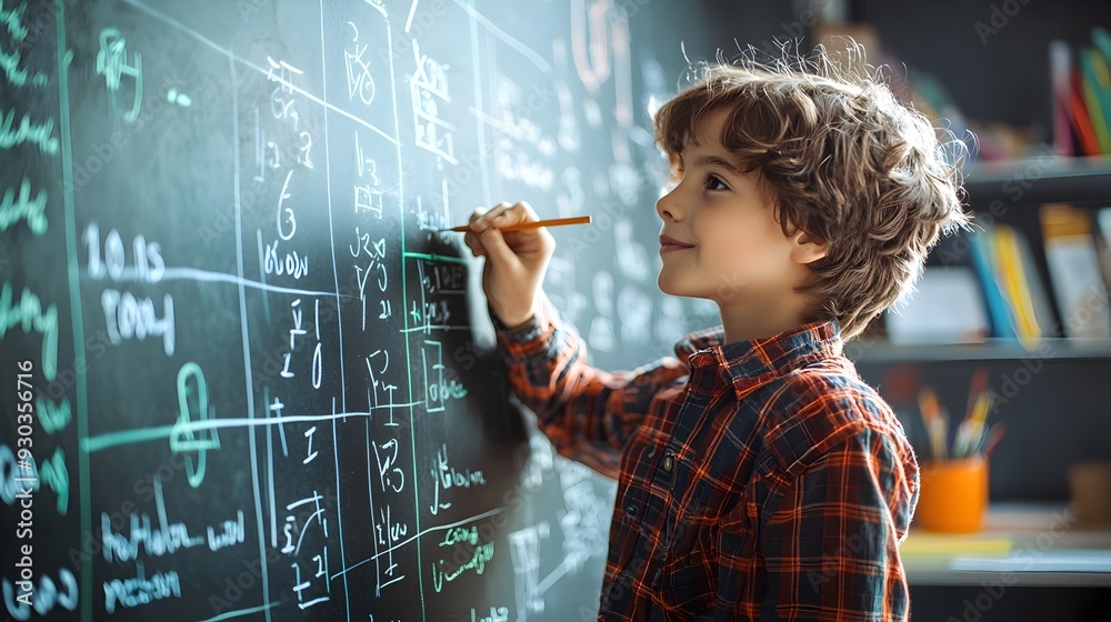 Student Practicing Math Equations on Chalkboard in Classroom Student Practicing Math Equations on Chalkboard in Classroom