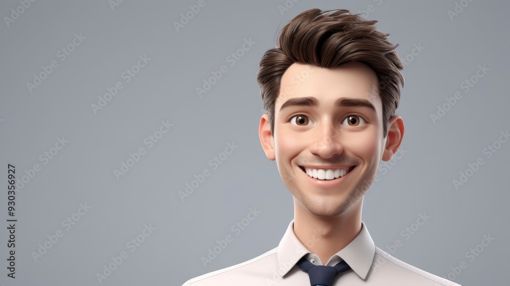 Smiling 3D male character portrait, light background, friendly expression