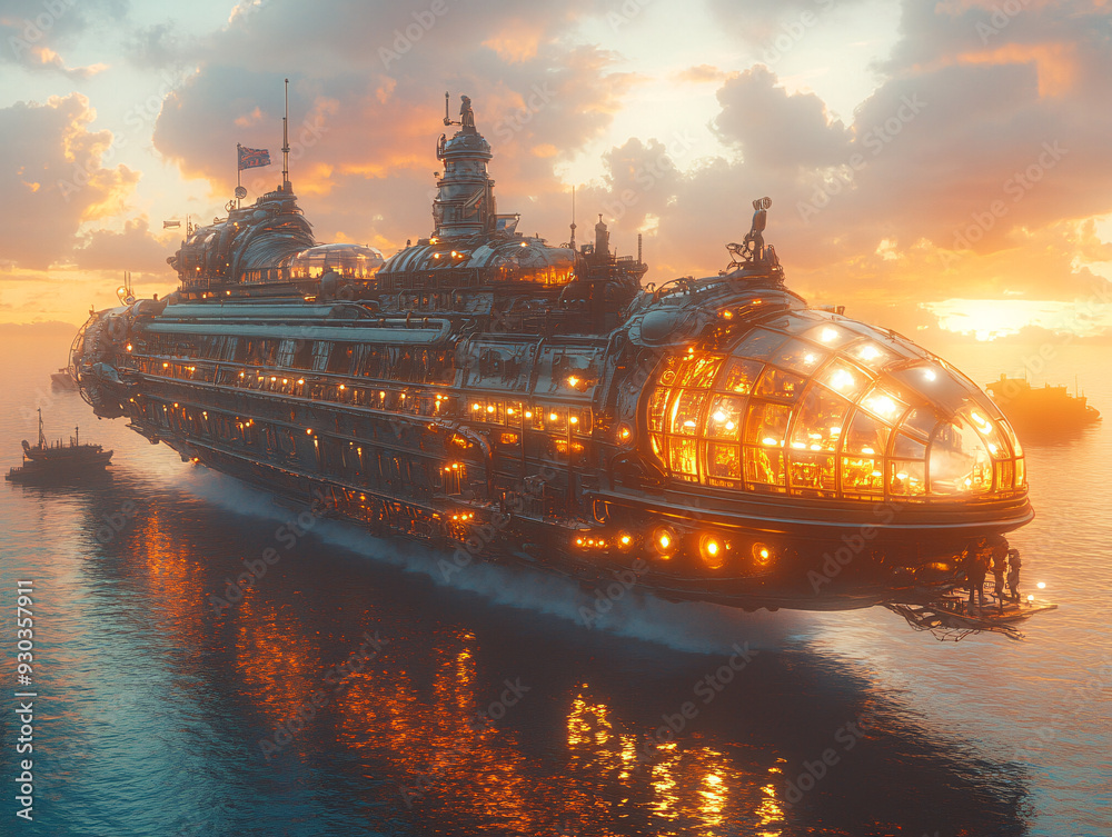 Obraz premium A large, steampunk-style airship flies over a river at sunset, emitting steam and surrounded by small boats.