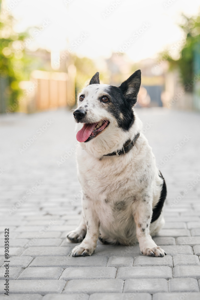 A dog is sitting on a pavement tile in the middle of the street. Close-up of a black and white dog on a tile. A dog is sitting on a pavement tile in the middle of the street. Close-up of a black and white dog on a tile.
