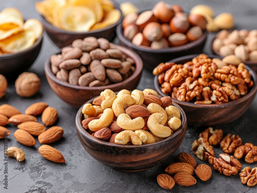 A delicious assortment of fresh and crunchy nuts in wooden bowls, perfect for a healthy snack. A delicious assortment of fresh and crunchy nuts in wooden bowls, perfect for a healthy snack.