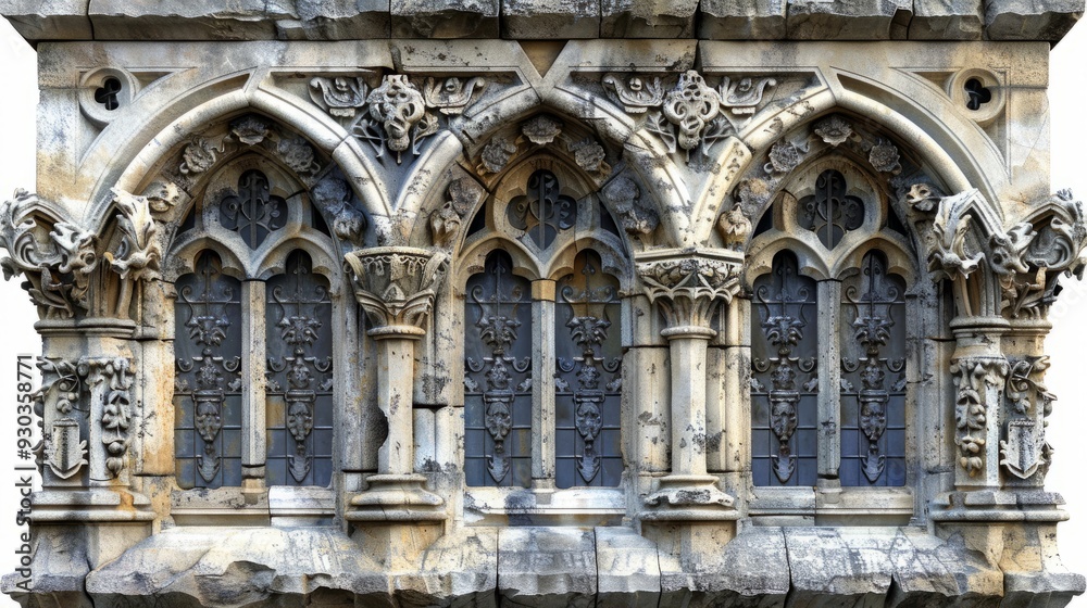 Intricate gothic architecture with detailed stone carvings and arched windows in daylight Intricate gothic architecture with detailed stone carvings and arched windows in daylight