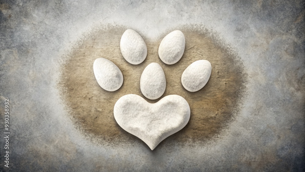 Obraz premium Adorable illustration of a white paw print symbol with a heart shape in the center, surrounded by subtle textures and gentle shading, conveying affection.