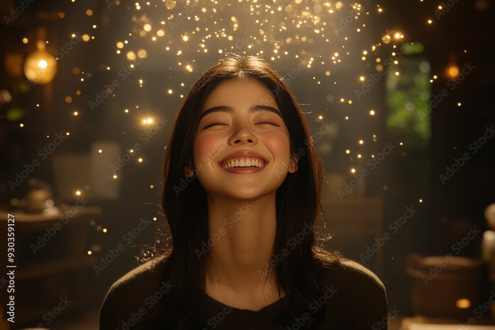 A joyful young woman surrounded by sparkling lights embodying the concepts of happiness inspiration and the radiant energy of creativity in a vibrant futuristic digital environment A joyful young woman surrounded by sparkling lights embodying the concepts of happiness inspiration and the radiant energy of creativity in a vibrant futuristic digital environment