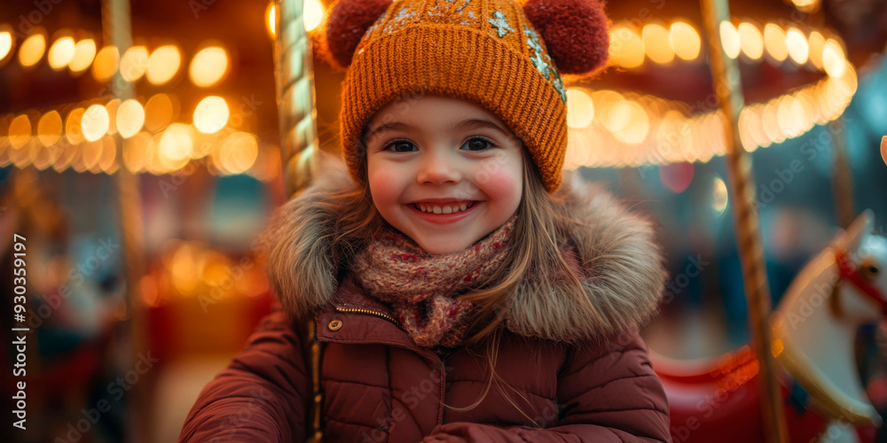 Charming young girl in winter attire smiling warmly in front of a festive carousel, embodying the joyful spirit of winter fairs and holiday seasons. Charming young girl in winter attire smiling warmly in front of a festive carousel, embodying the joyful spirit of winter fairs and holiday seasons.