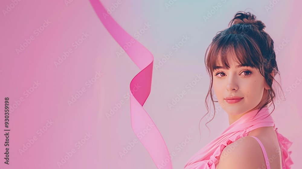 A young woman with brown hair and bangs looks at the camera, with a pink ribbon in the background. A young woman with brown hair and bangs looks at the camera, with a pink ribbon in the background.