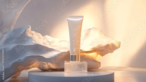 A luxurious cosmetic tube with a pearlized finish, elegantly positioned on a sculpted podium made of translucent acrylic. The tube is a soft cream color, featuring a pristine white label that invites photo