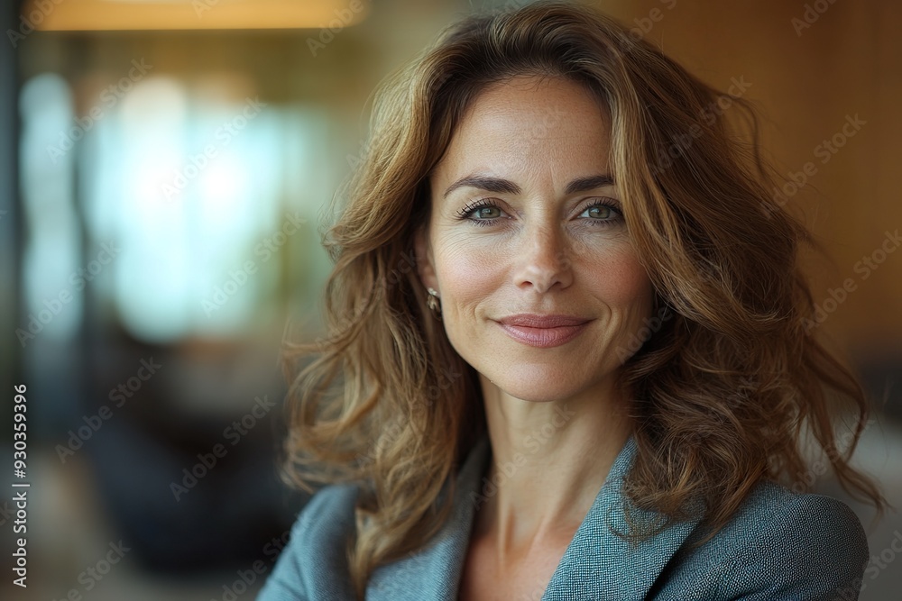 Fototapeta premium Confident mature businesswoman smiling in a modern bank office