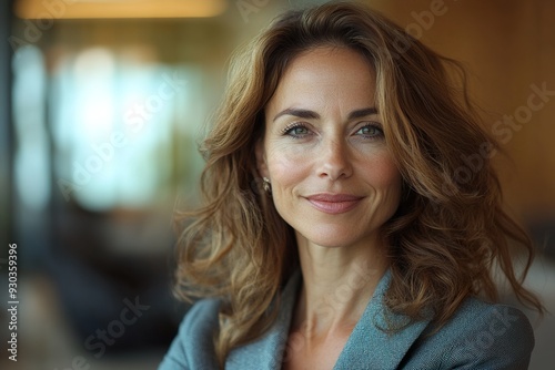 Confident mature businesswoman smiling in a modern bank office