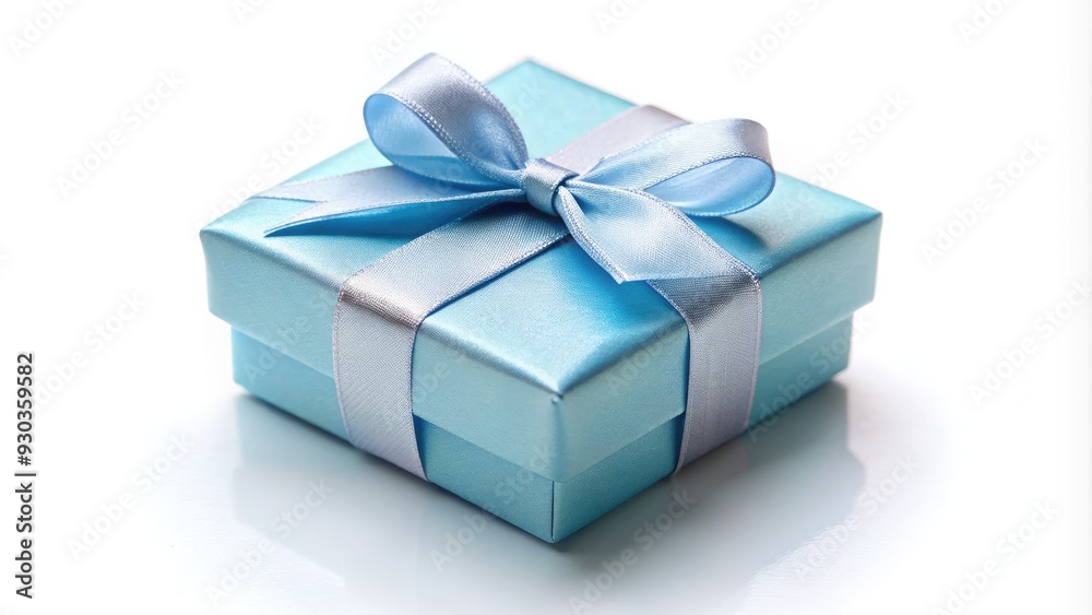 Adorable miniature gift box tied with a delicate blue satin ribbon and adorned with a tiny bow, sitting on a soft white background.