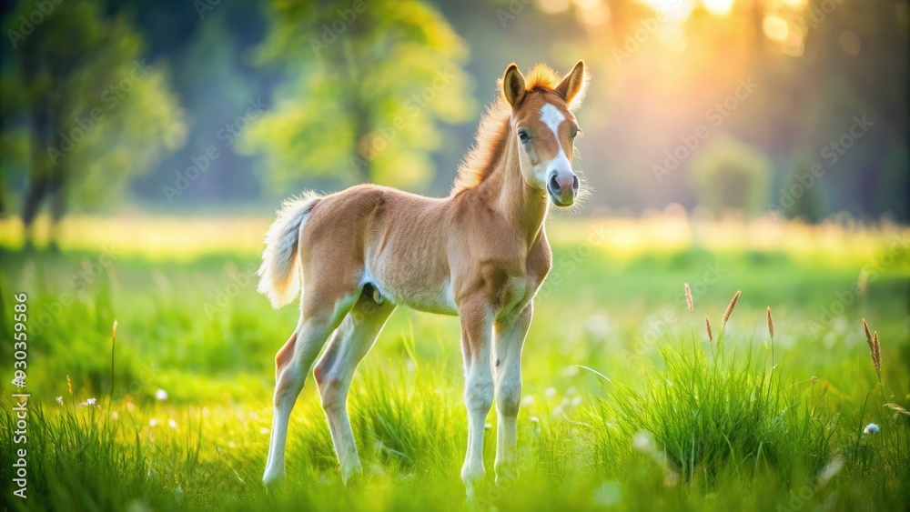 Adorable newborn foal with soft fur and big curious eyes stands alone in a green meadow, symbolizing innocence, purity, and freedom on a sunny day. Adorable newborn foal with soft fur and big curious eyes stands alone in a green meadow, symbolizing innocence, purity, and freedom on a sunny day.