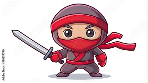 Adorable ninja mascot wearing a red hood and mask, holding a sword and standing in a stealthy pose, with a playful and cartoonish design. photo