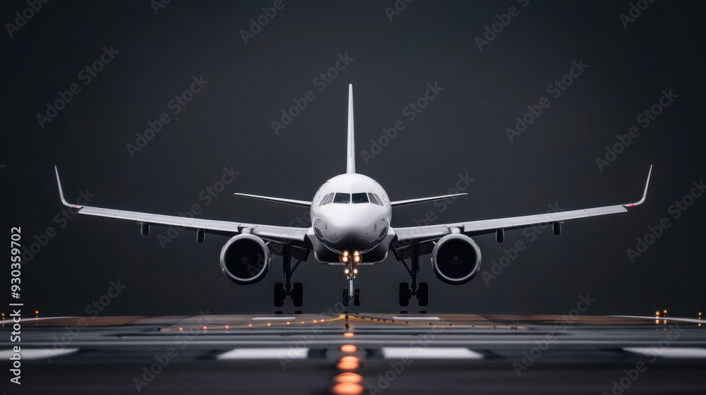 A large commercial airplane is captured head-on as it lands on a runway at night, illuminated by runway lights. A large commercial airplane is captured head-on as it lands on a runway at night, illuminated by runway lights.